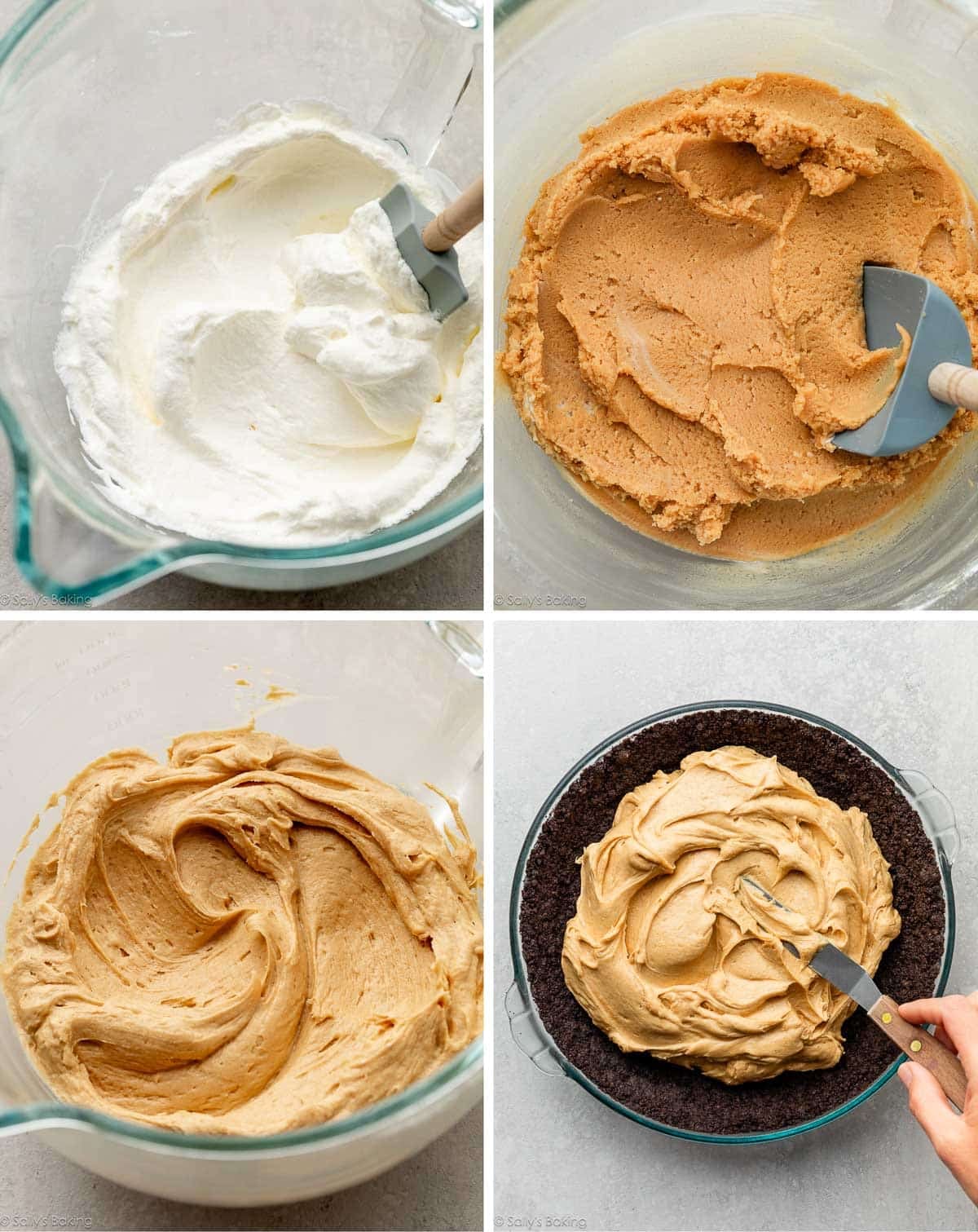 collage of steps showing whipped cream, filling mixture, whipped cream combined with the filling, and then being spread into Oreo crust.