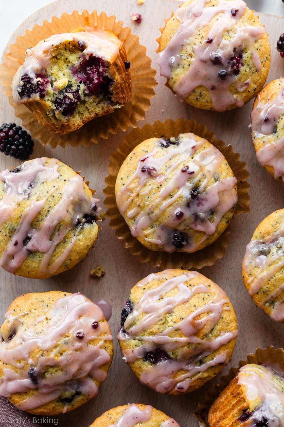 overhead photo of blackberry lemon poppy seed muffins.