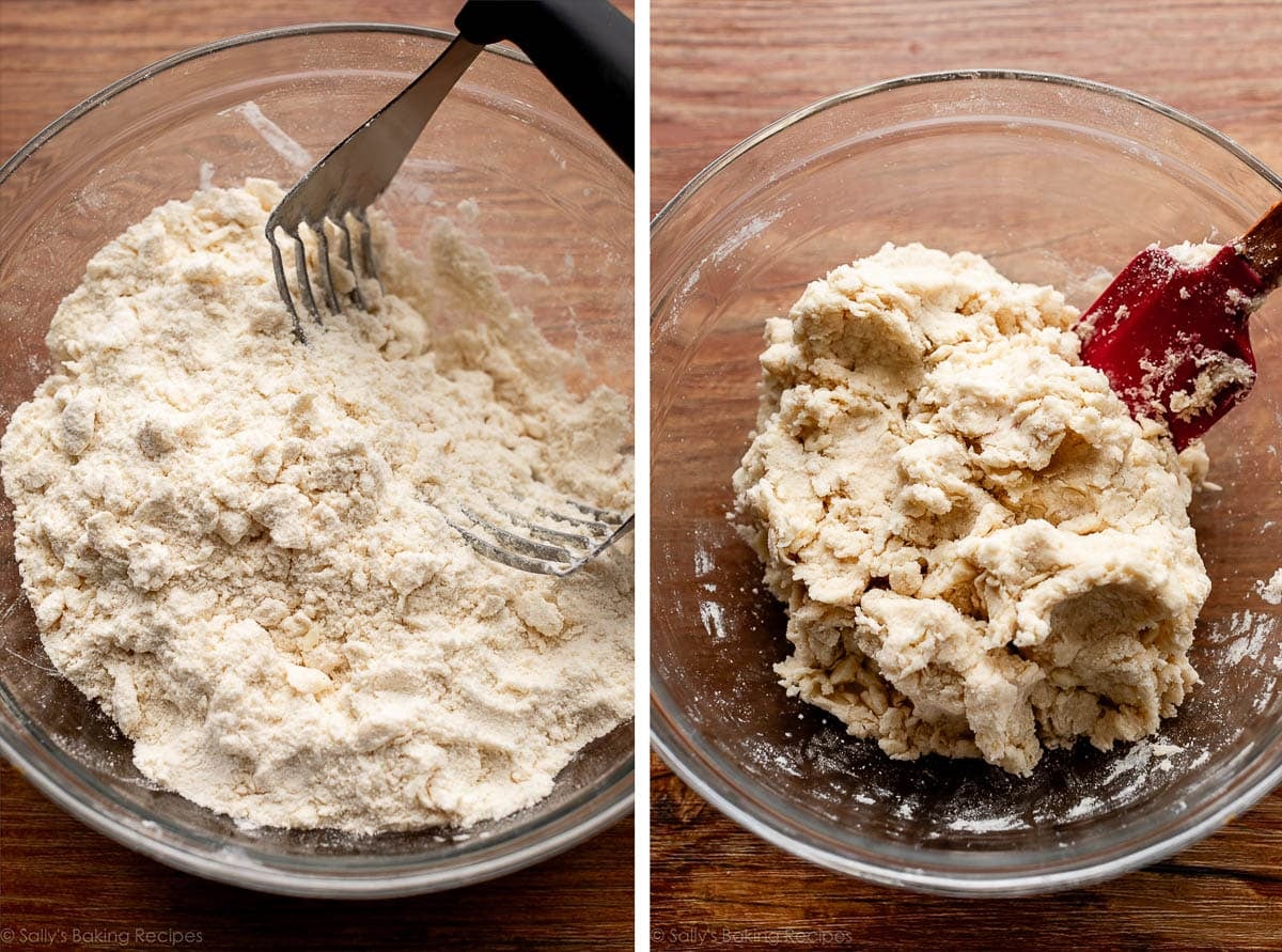 dry ingredients in glass bowl with pastry cutter and shown again mixed together as wet dough.
