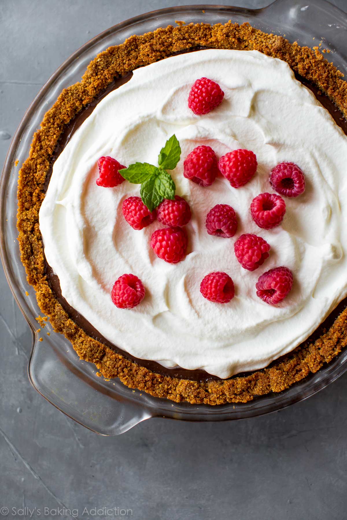 overhead image of chocolate pudding pie in a glass pie dish