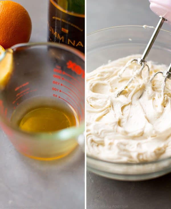 2 images of reduced champagne in a glass measuring cup and frosting in a glass bowl with a hand mixer