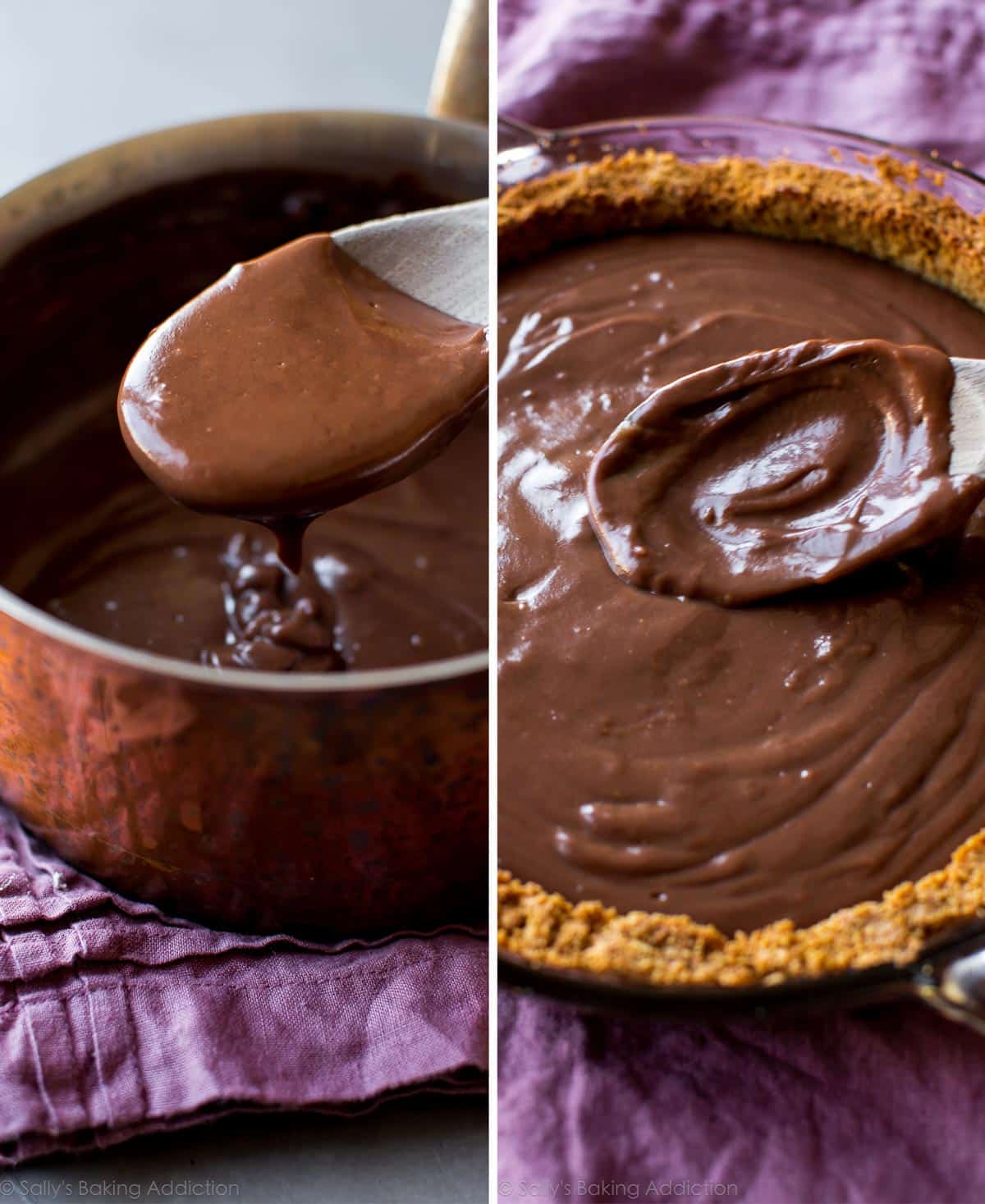 2 images of chocolate pudding in a saucepan with wood spoon and spreading pudding into pie dish