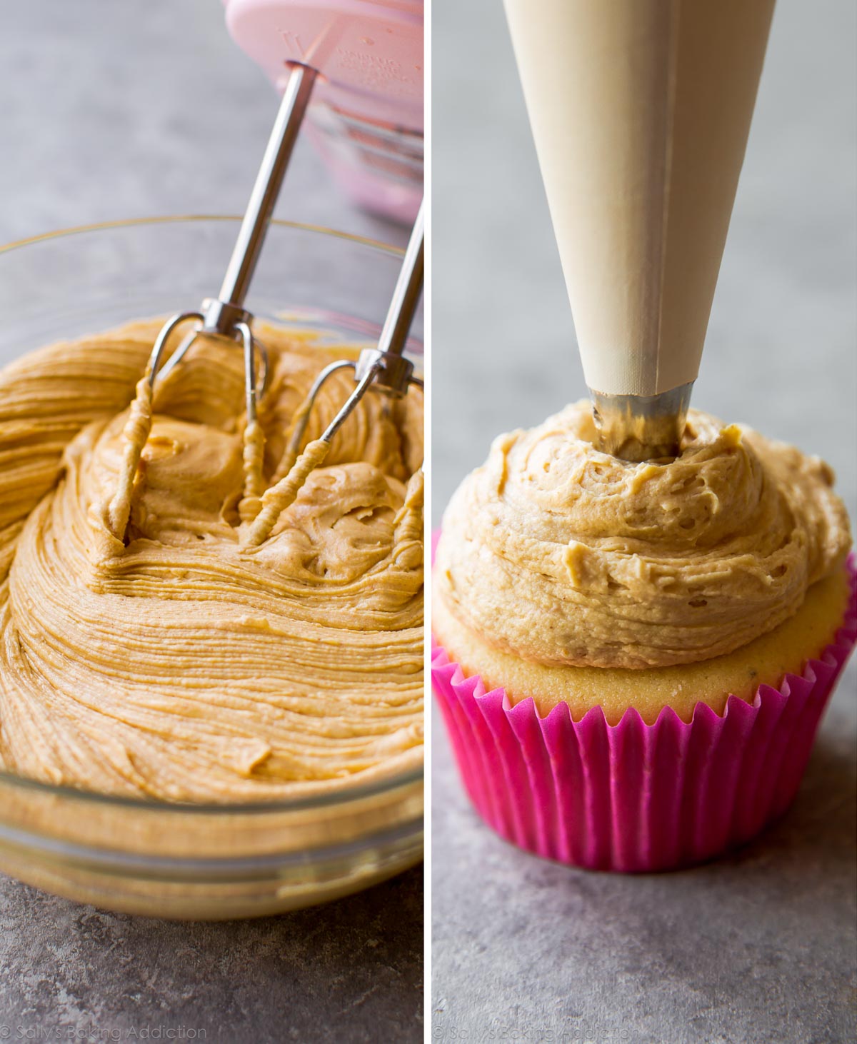 2 images of peanut butter frosting in a glass bowl with a hand mixer and peanut butter frosting in a piping bag piping frosting onto cupcake