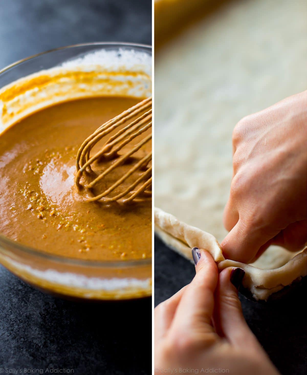 2 images of pumpkin pie filling in a glass bowl with a whisk and hands crimping pie dough edges