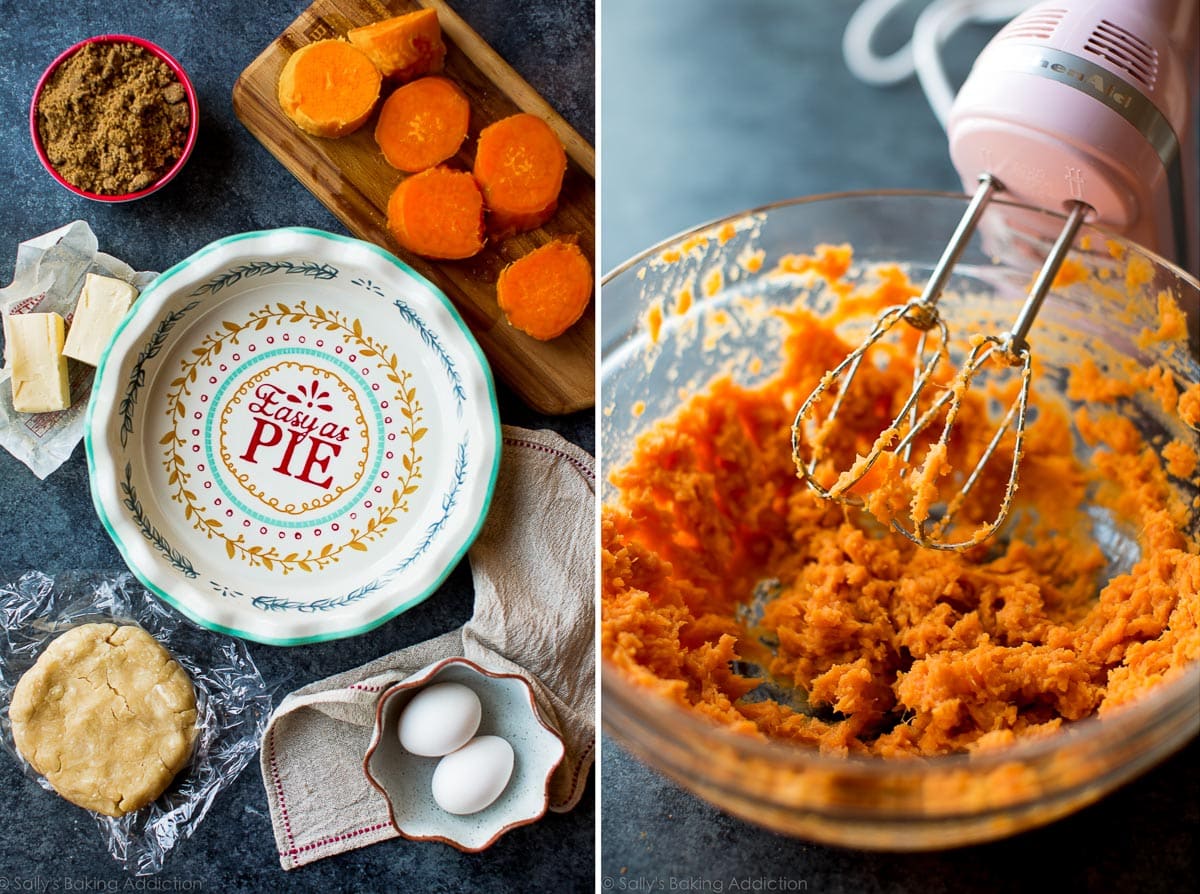 sweet potato pie filling ingredients and sweet potato pie filling with a hand mixer