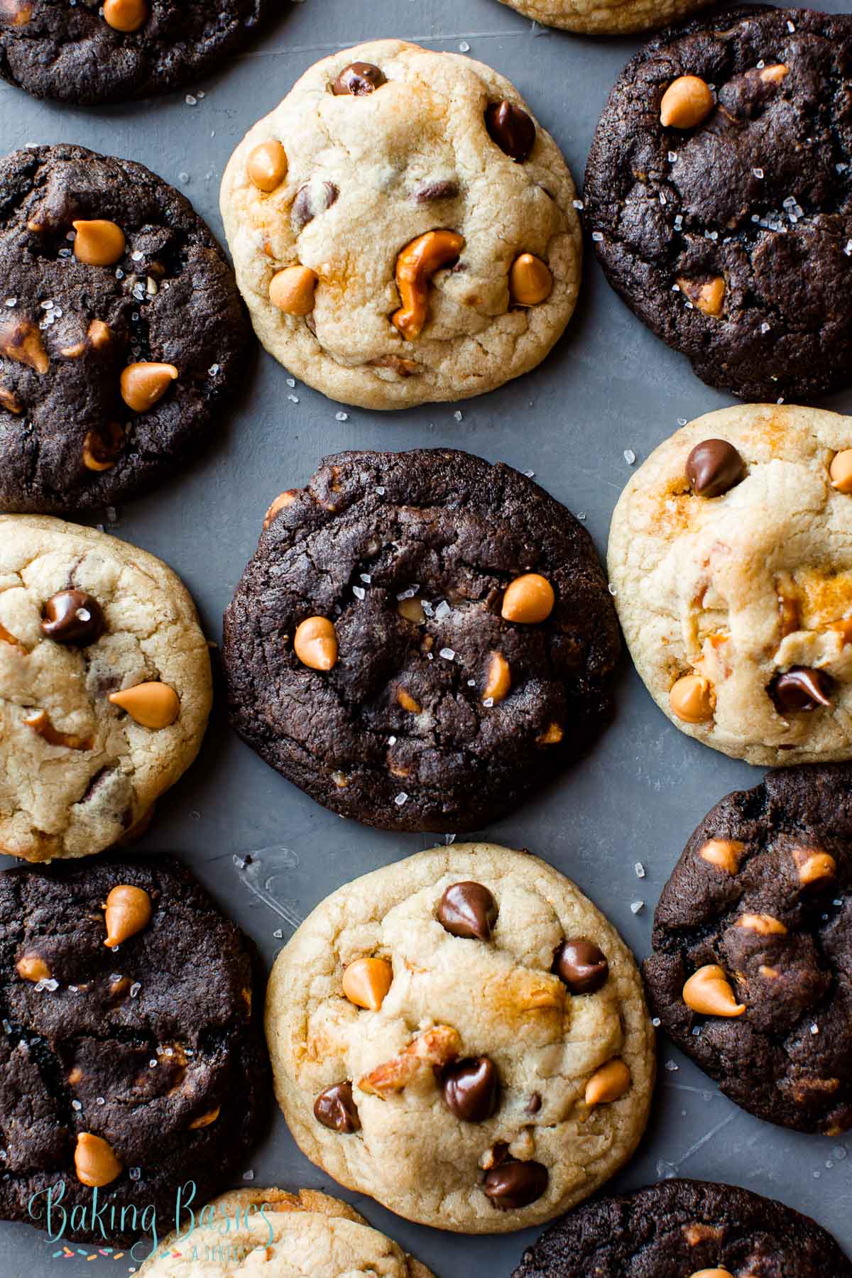 chocolate butterscotch cookies and butterscotch pretzel chocolate chip cookies