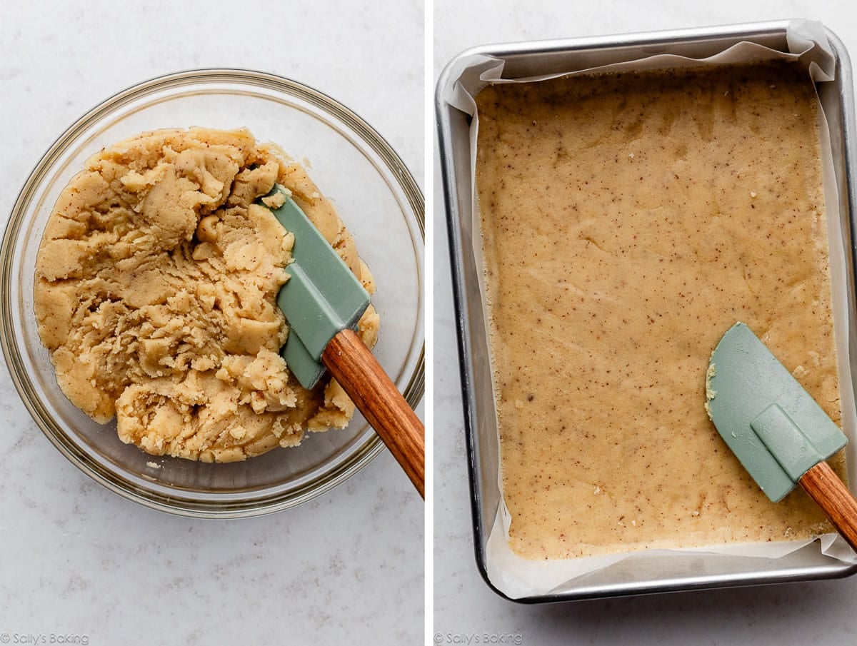 brown butter crust mixture in bowl and spread into pan.