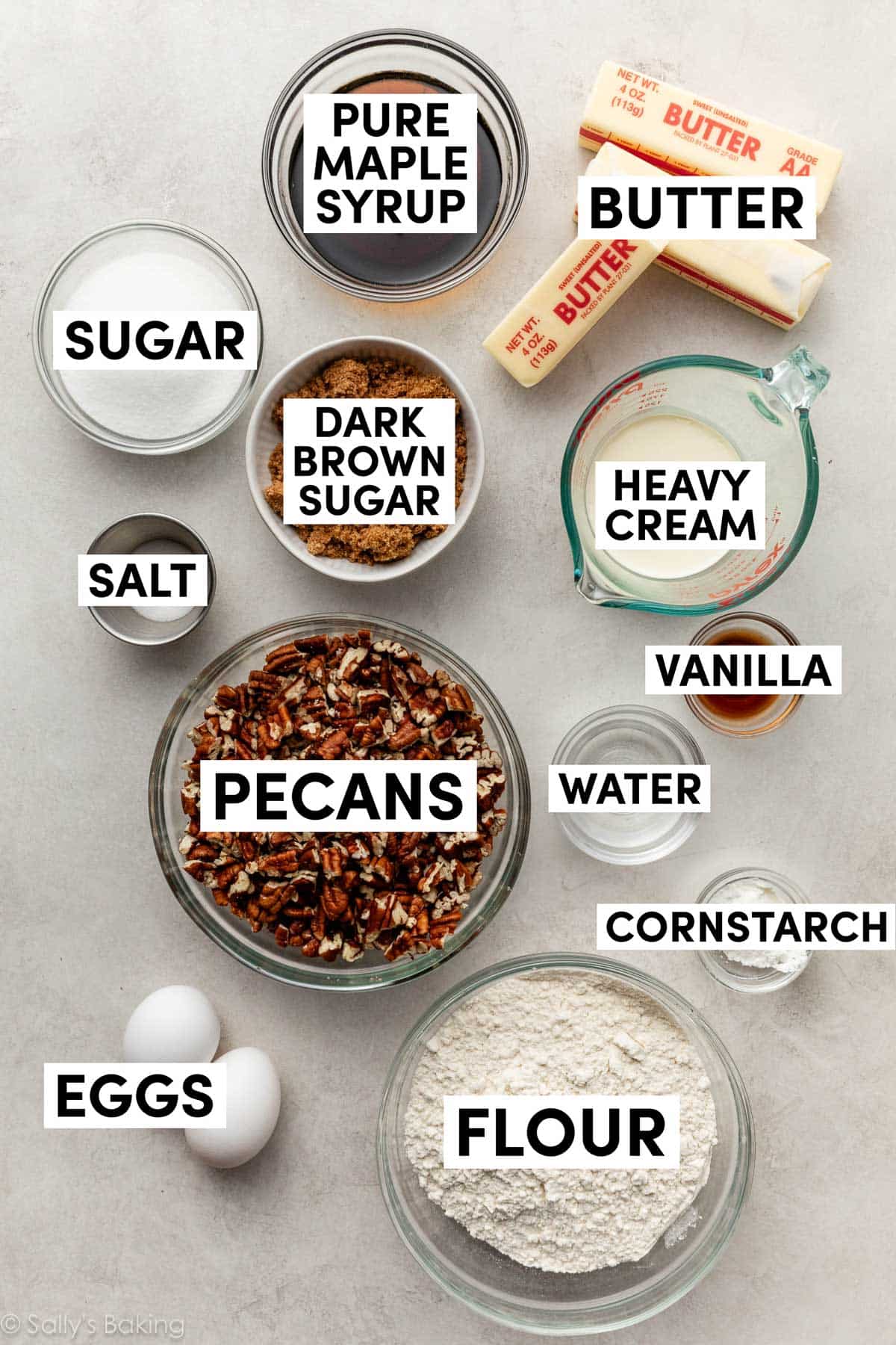 ingredients including flour, eggs, heavy cream, butter, maple syrup, and sugar.