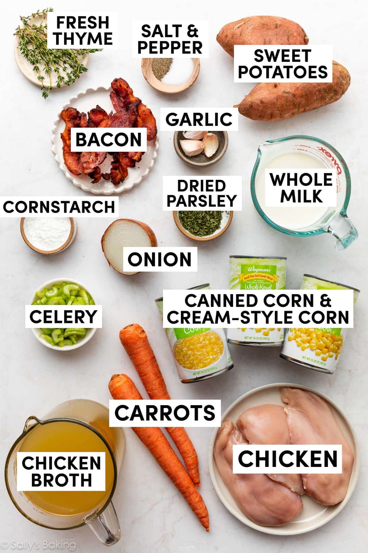 various ingredients measured in bowls and on plates including broth, milk, potatoes, herbs, and bacon.