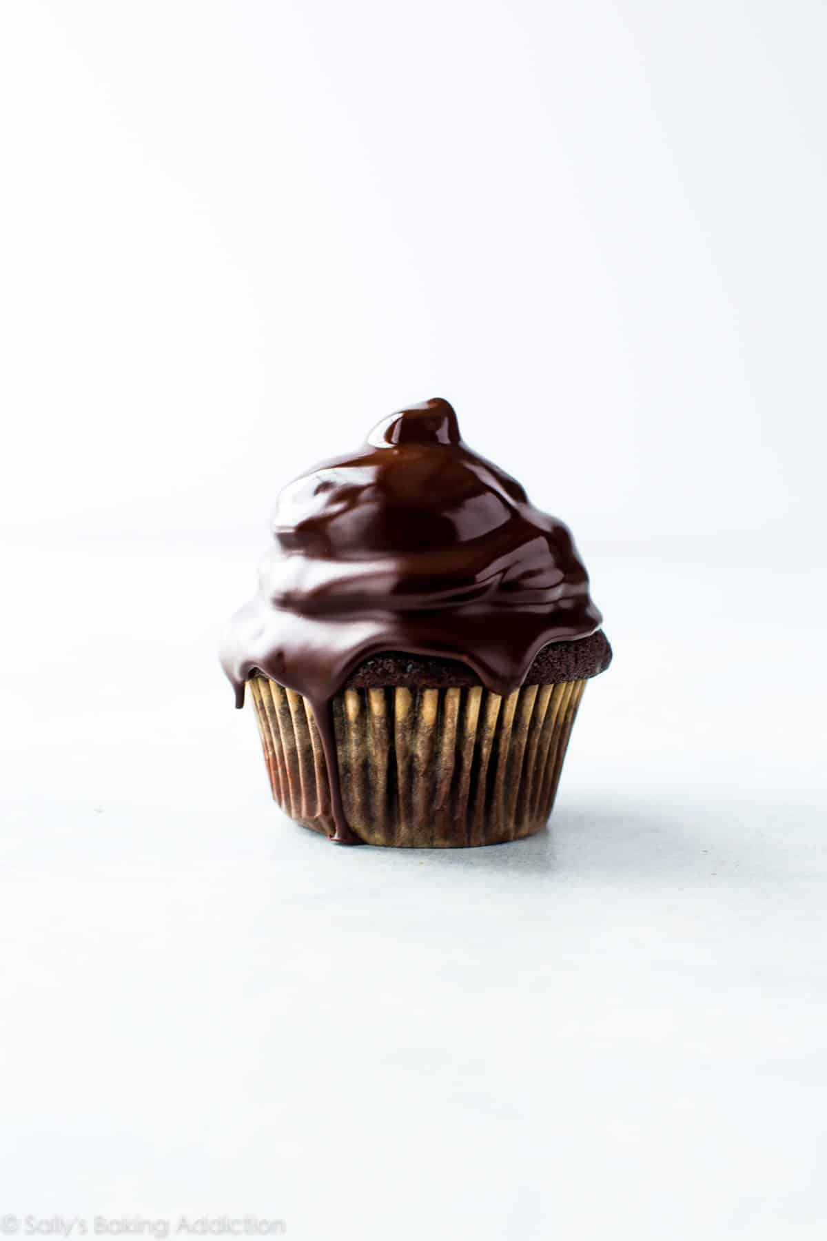 chocolate cupcake with peanut butter meringue frosting underneath a chocolate shell coating