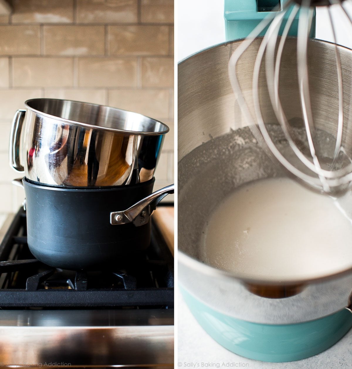 2 images of a pot on the stove with a metal bowl on top and egg whites, sugar, and cream of tartar in a metal stand mixer bowl with a whisk attachment