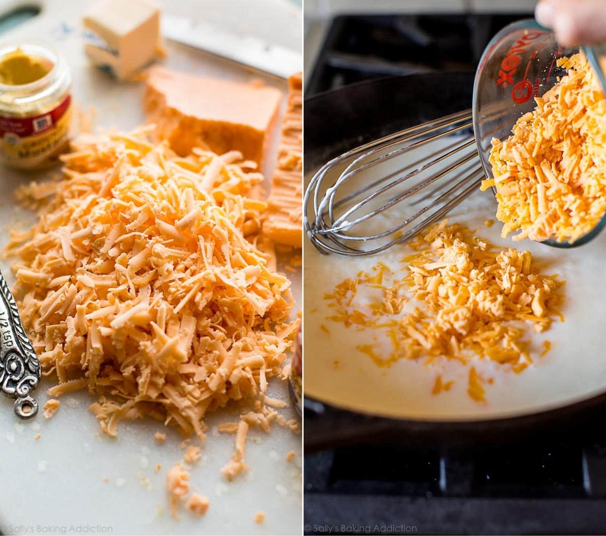 2 images of shredded cheese on a cutting board and pouring shredded cheese into sauce mixture on the stove
