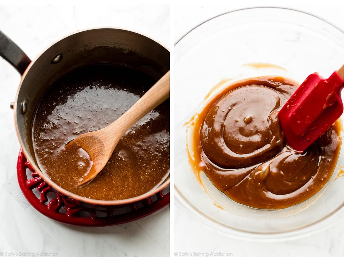 brown sugar caramel sauce in pot after cooking and shown again after thickening in glass bowl.