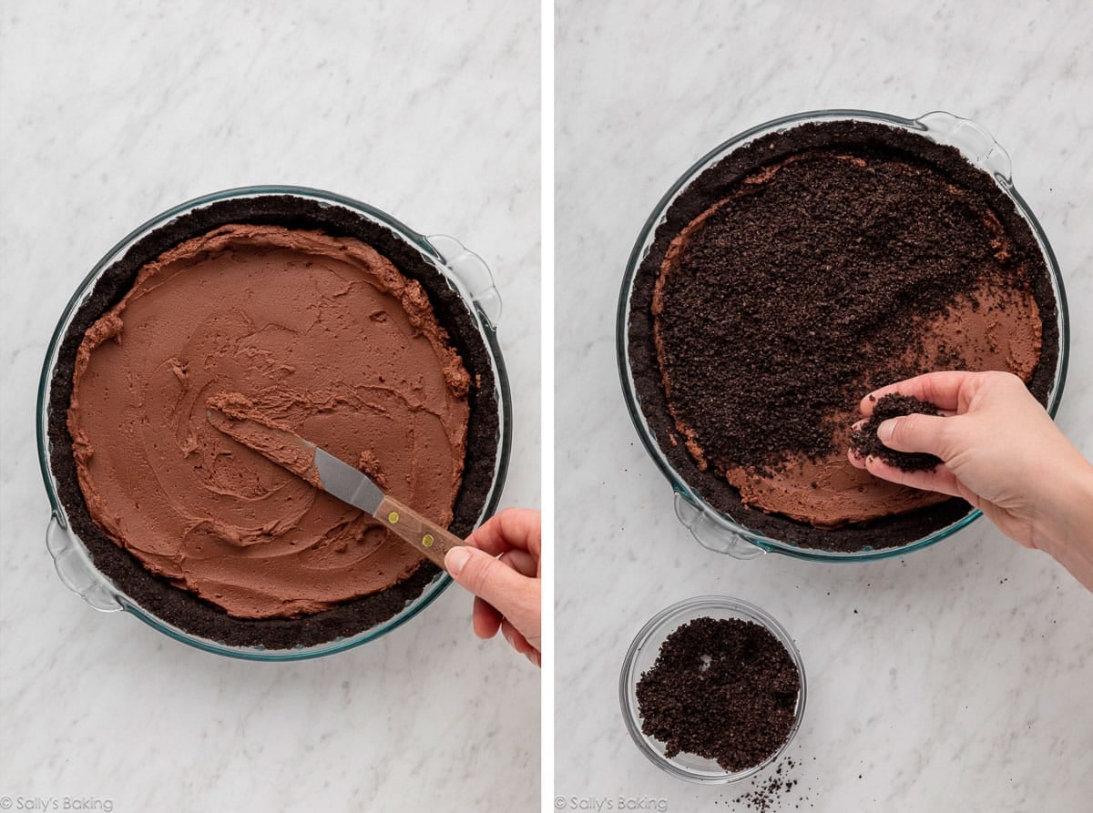 spreading chocolate layer and oreo cookie crumbles in pie.