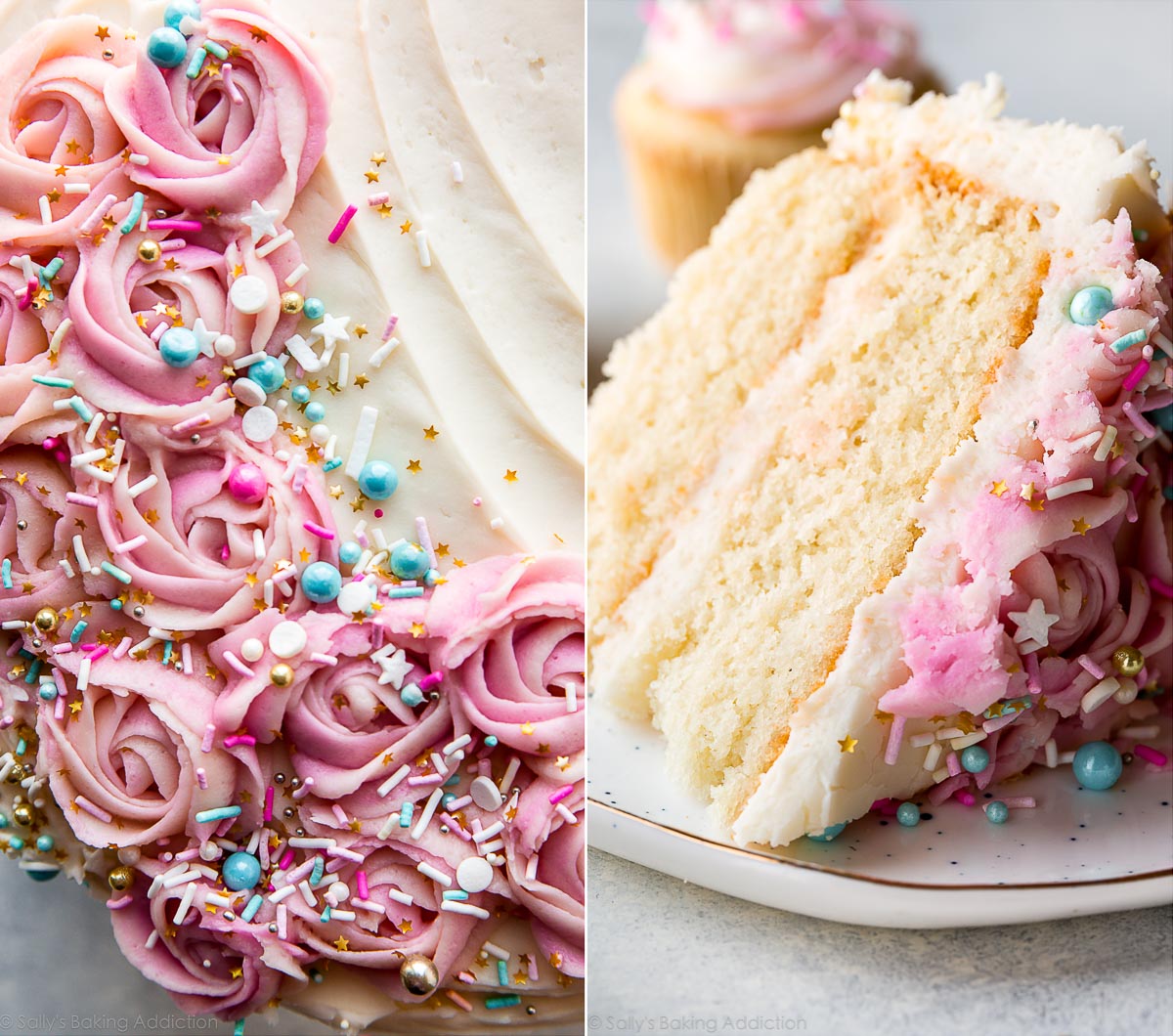 2 images of frosting roses on a cake and a slice of cake on a white plate with frosting roses on top