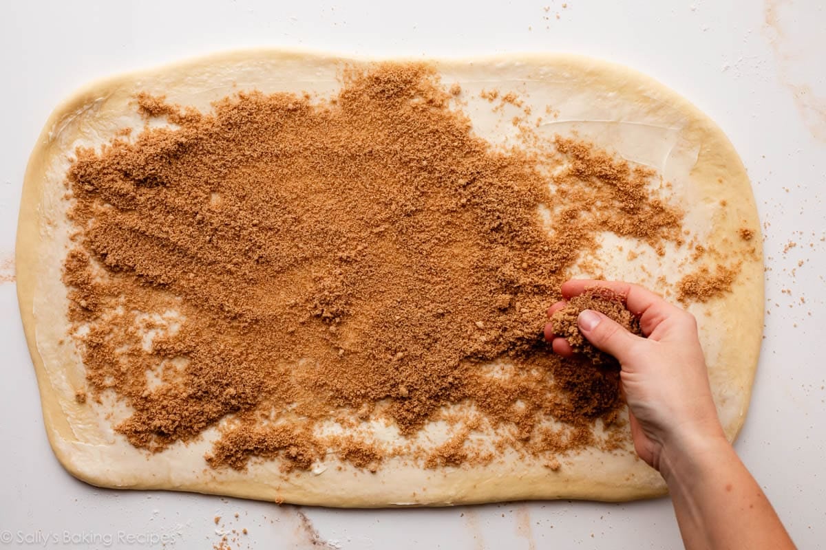 hand sprinkling brown sugar and cinnamon on top of rolled out dough.