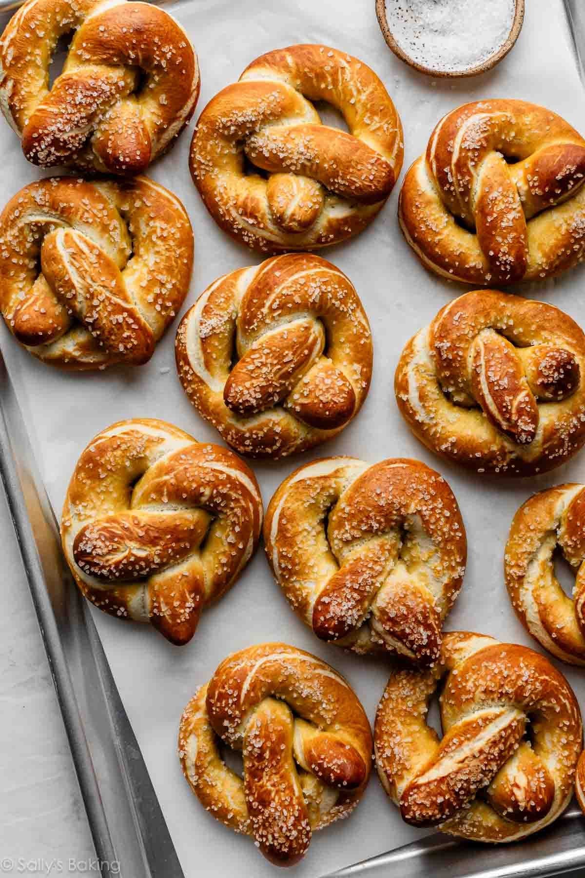 homemade soft pretzels on parchment.