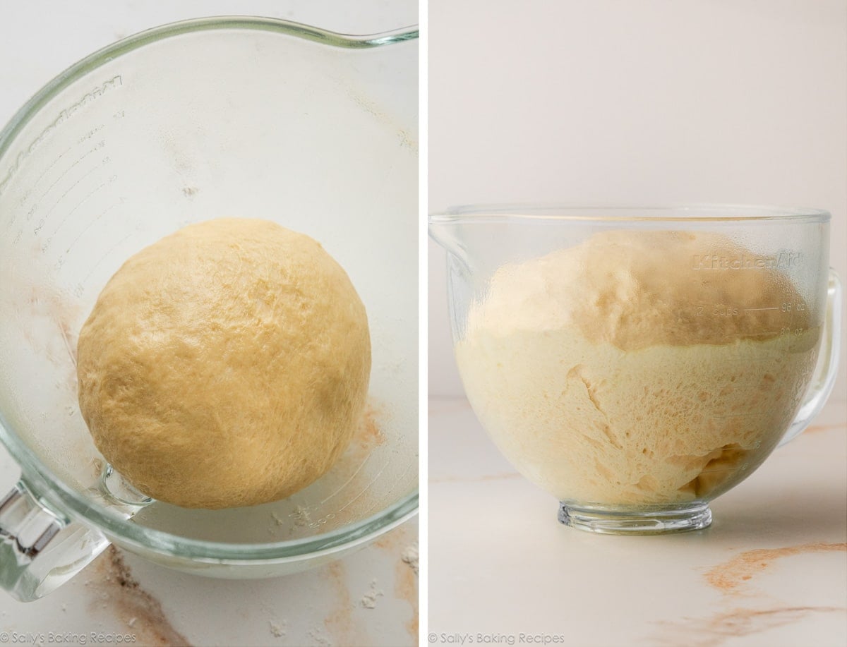 dough in glass bowl and shown again risen to the top.