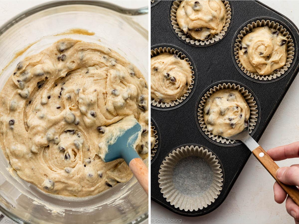 chocolate chip muffin batter in bowl and shown again being spooned in muffin liners.