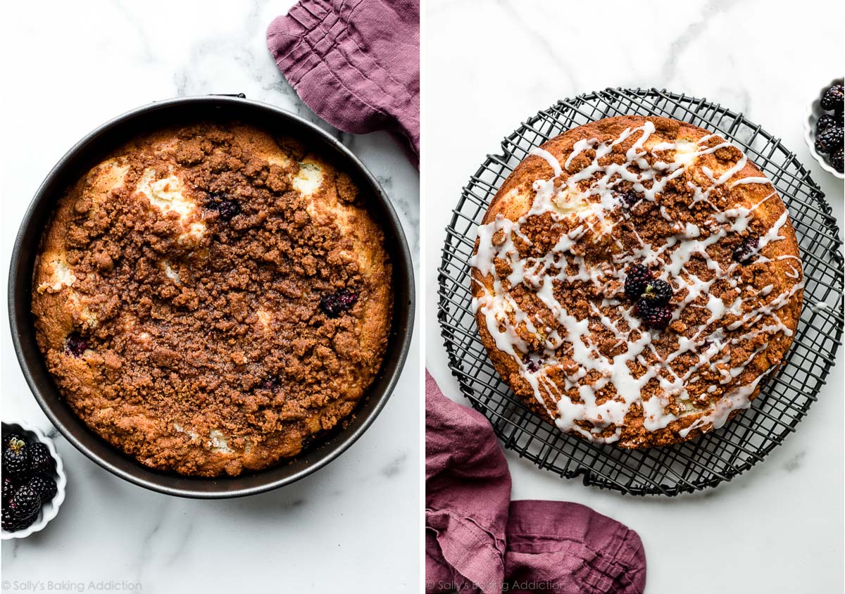blackberry crumb cake cooling in springform pan and on the cooling rack