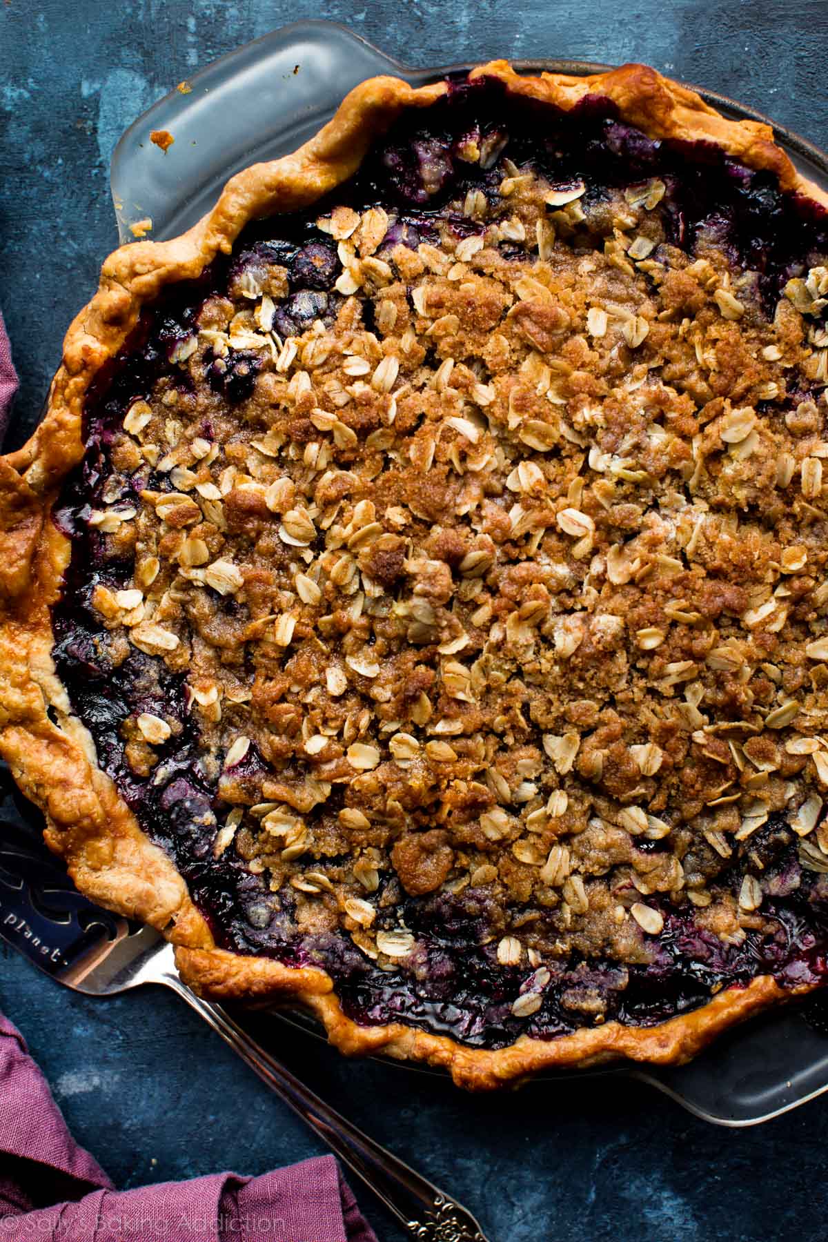 overhead image of blueberry crumble pie after baking