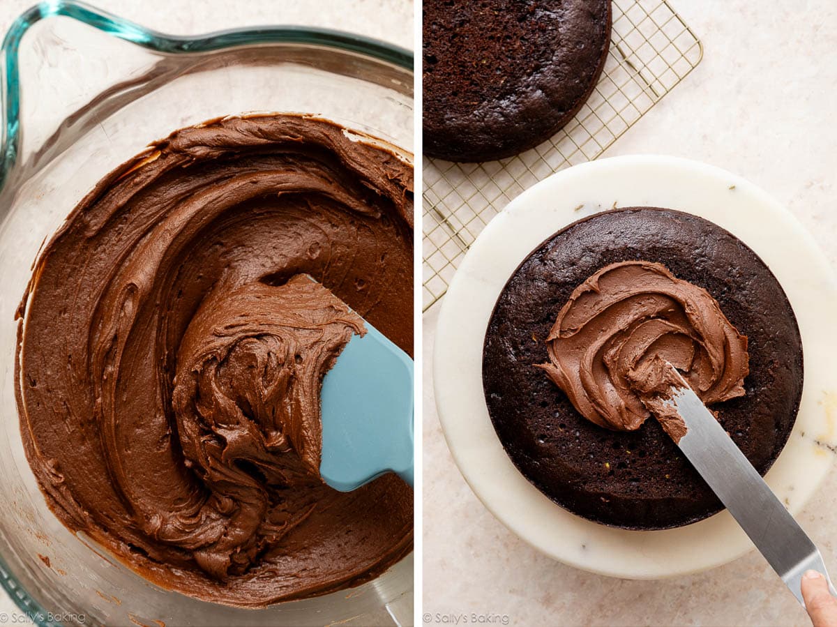 chocolate frosting in glass bowl with blue spatula and shown again being spread on chocolate cake layer.