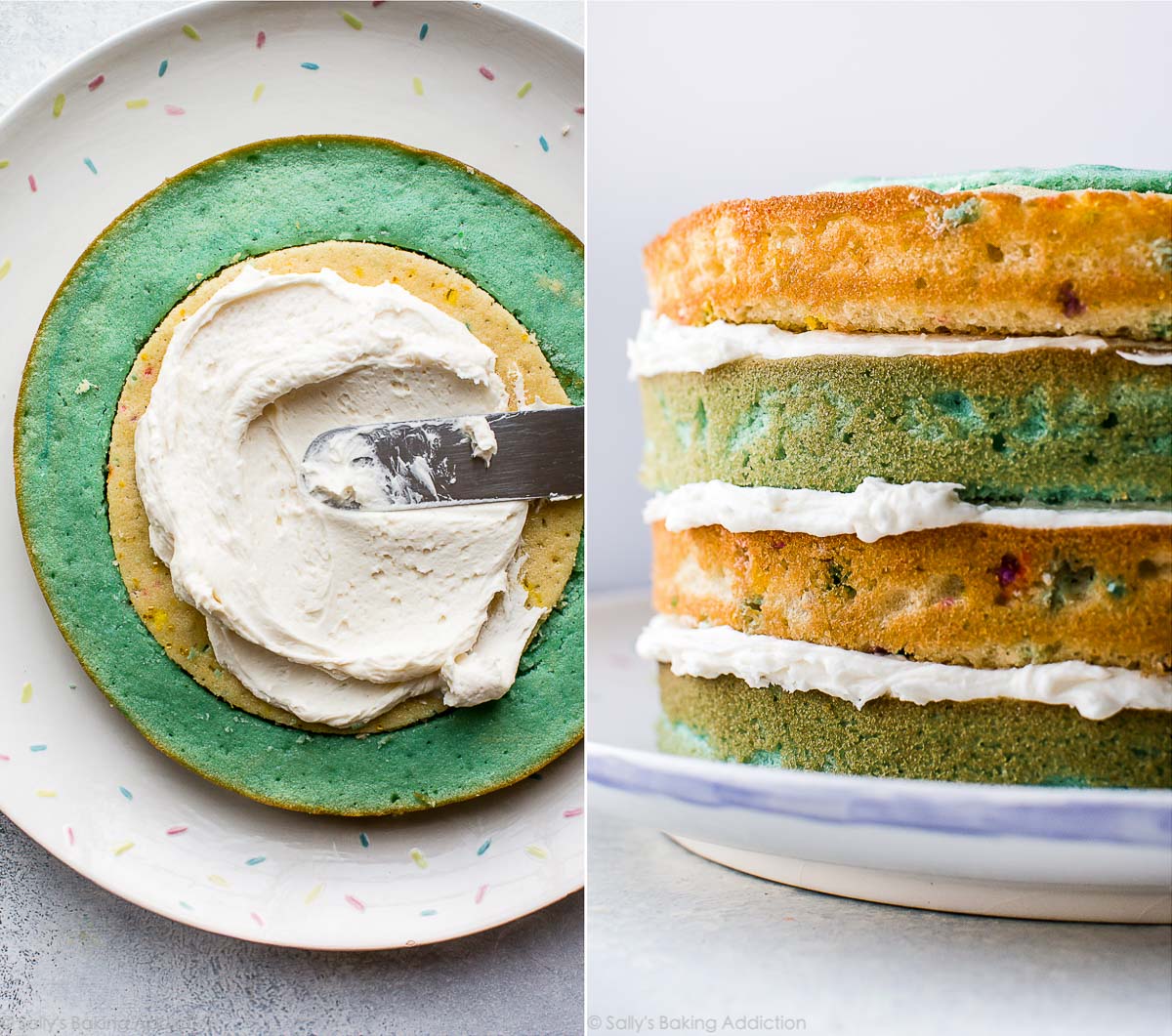 2 images of frosting the bottom cake layer and all 4 cake layers assembled with frosting in between each layer