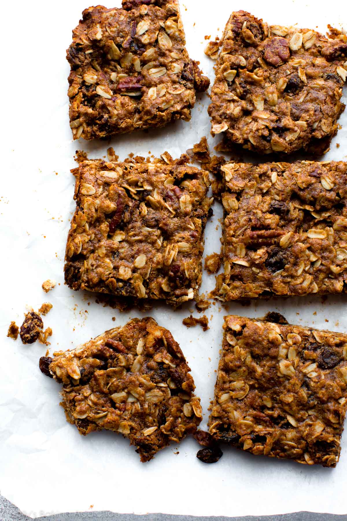 overhead image of soft oatmeal raisin granola bar squares