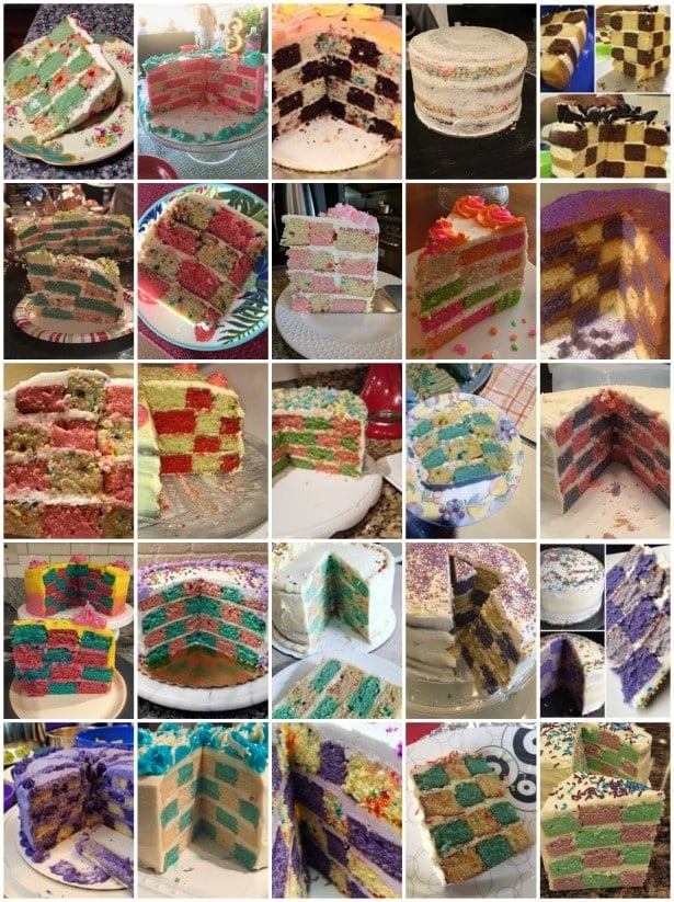 collage of checkerboard cake images