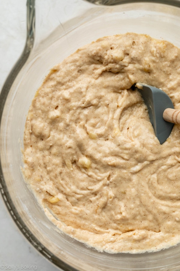 banana batter in glass bowl.