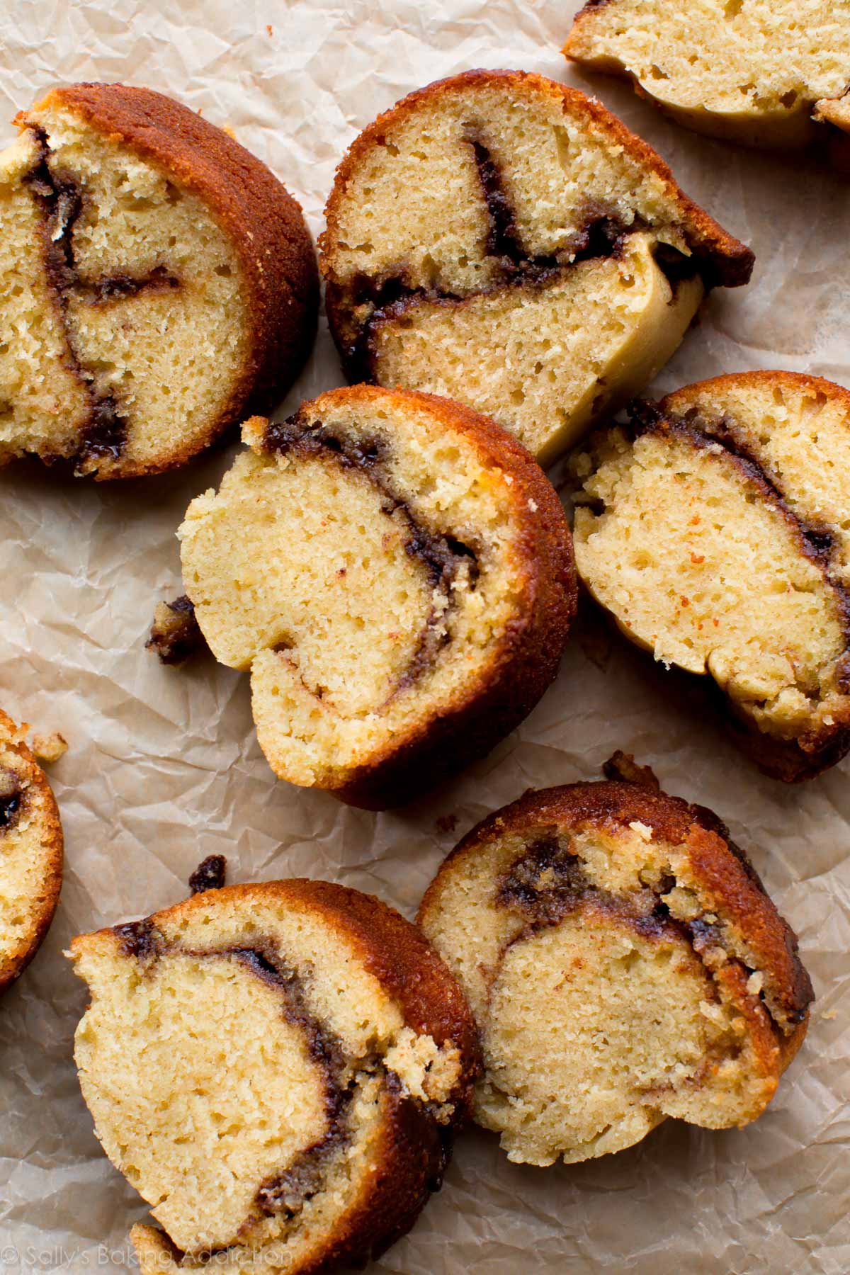 overhead image of slices of chai cinnamon swirl bundt cake