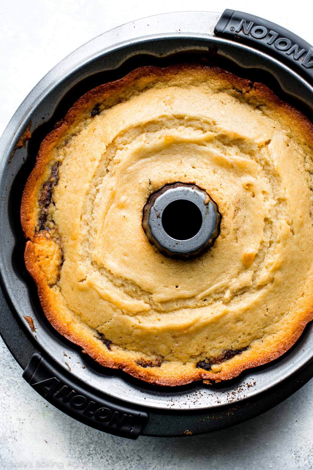 chai cinnamon swirl bundt cake in bundt pan after baking