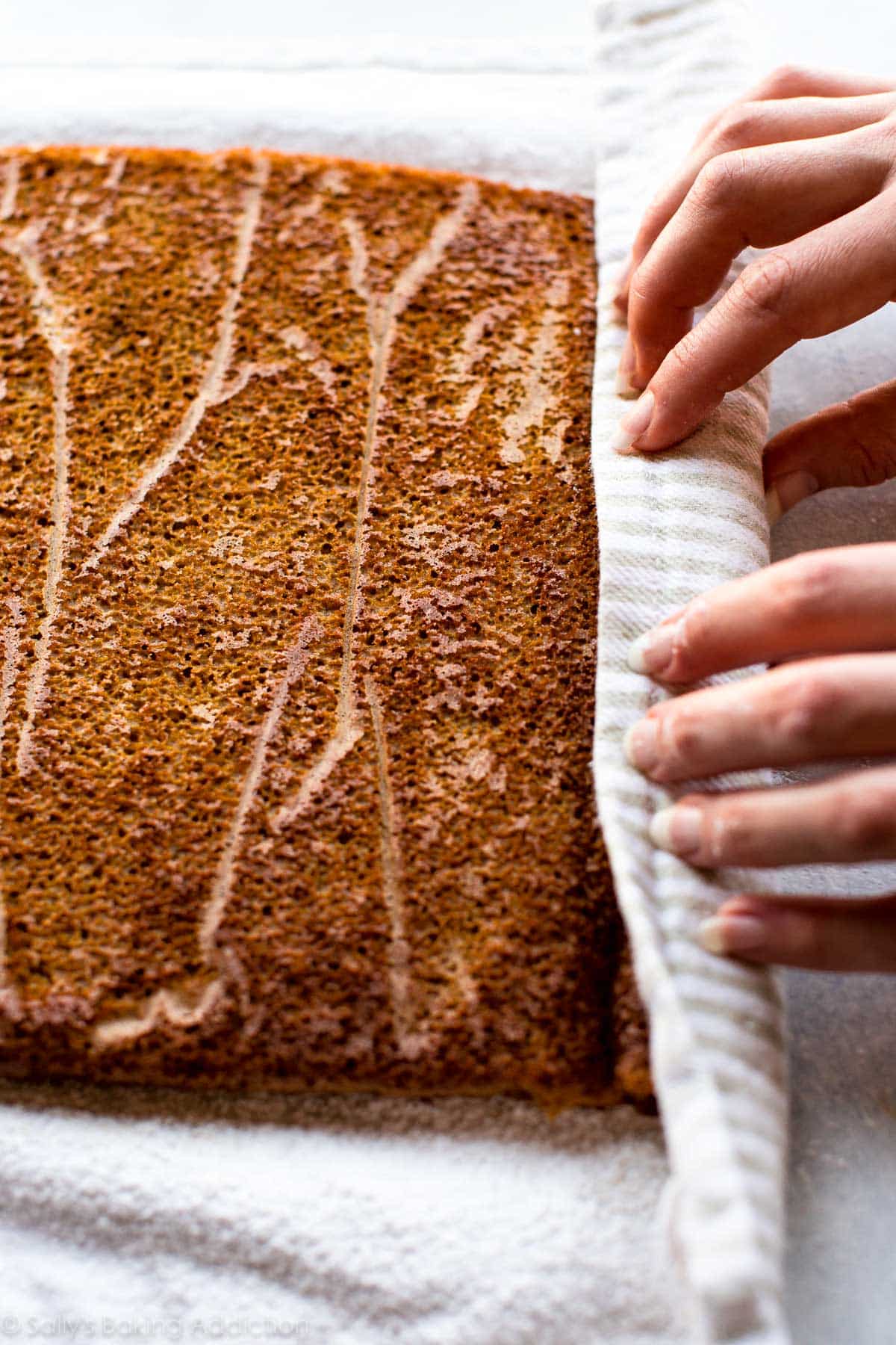 shaping pumpkin roll using a tea towel and rolling it up