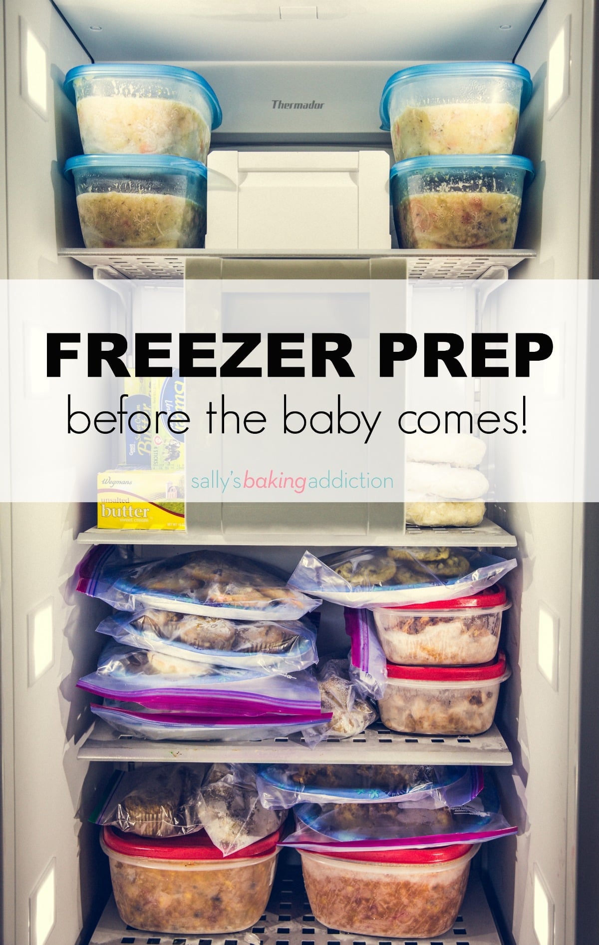 freezer with containers of freezer meals inside