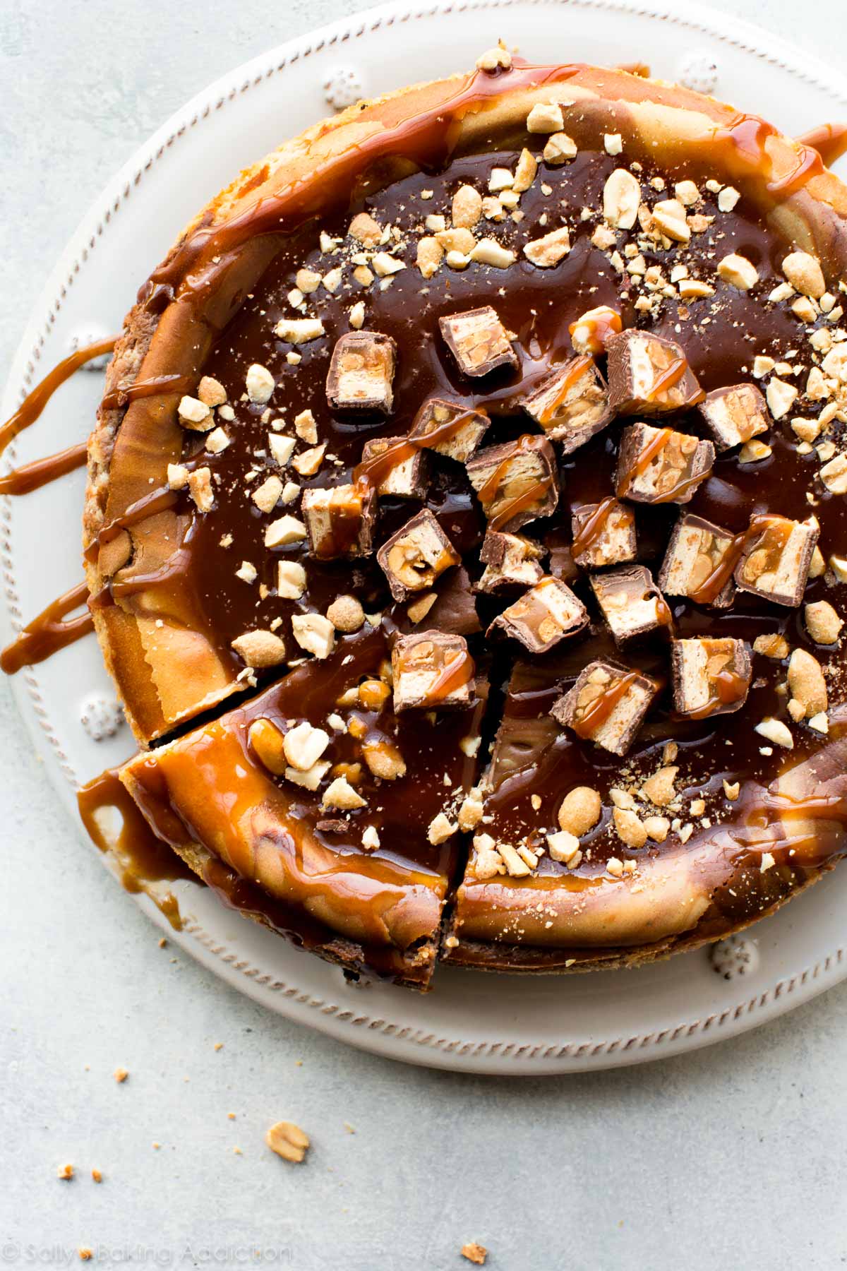 overhead image of Snickers cheesecake