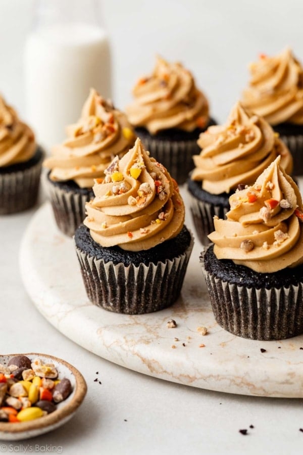 dark chocolate cupcake with peanut butter frosting and Reese's Pieces.