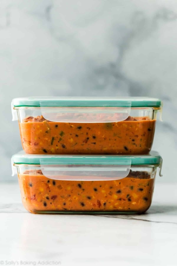 chicken chili in glass container for freezer meal