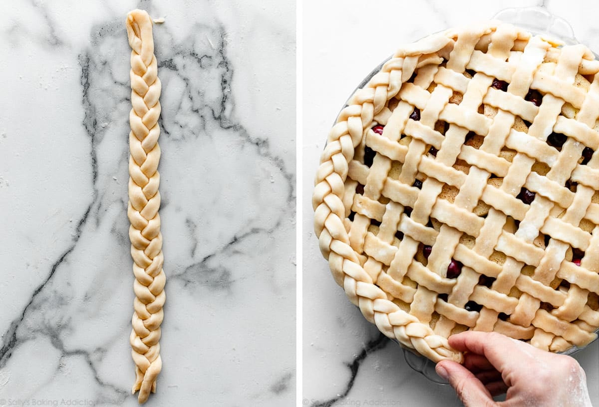 pie dough braid and another photo showing hands applying the braid around the edge of an unbaked pie.