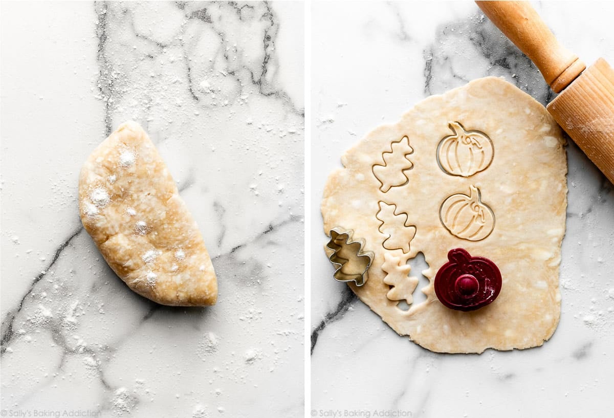 1/2 pie dough disc and another photo showing it rolled out with leaves and pumpkins cut out.