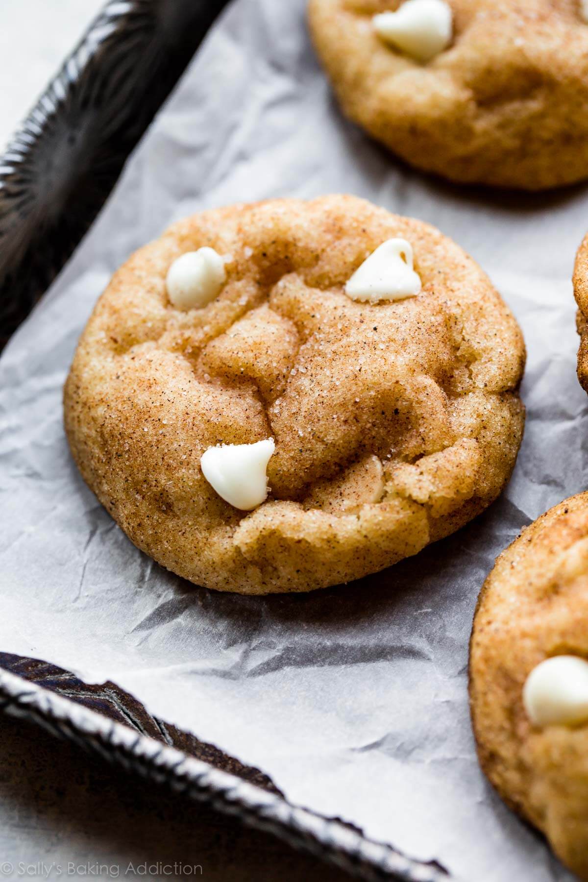 white chocolate chai snickerdoodles on a baking sheet