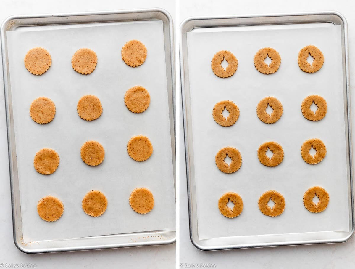 shaped cookie dough on baking sheets.