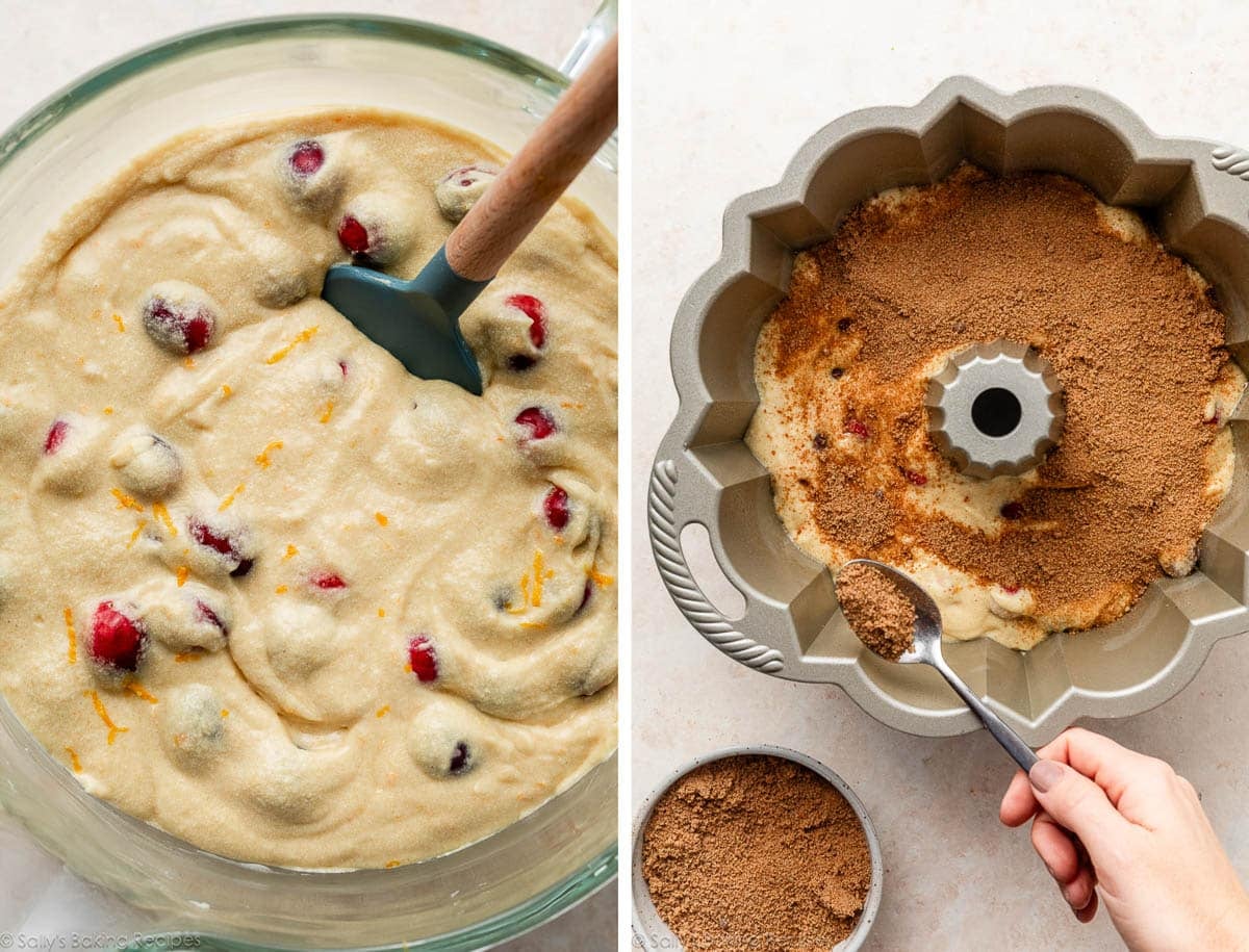 cranberry cake batter in bowl and shown again being covered in a Bundt pan with cinnamon-sugar.