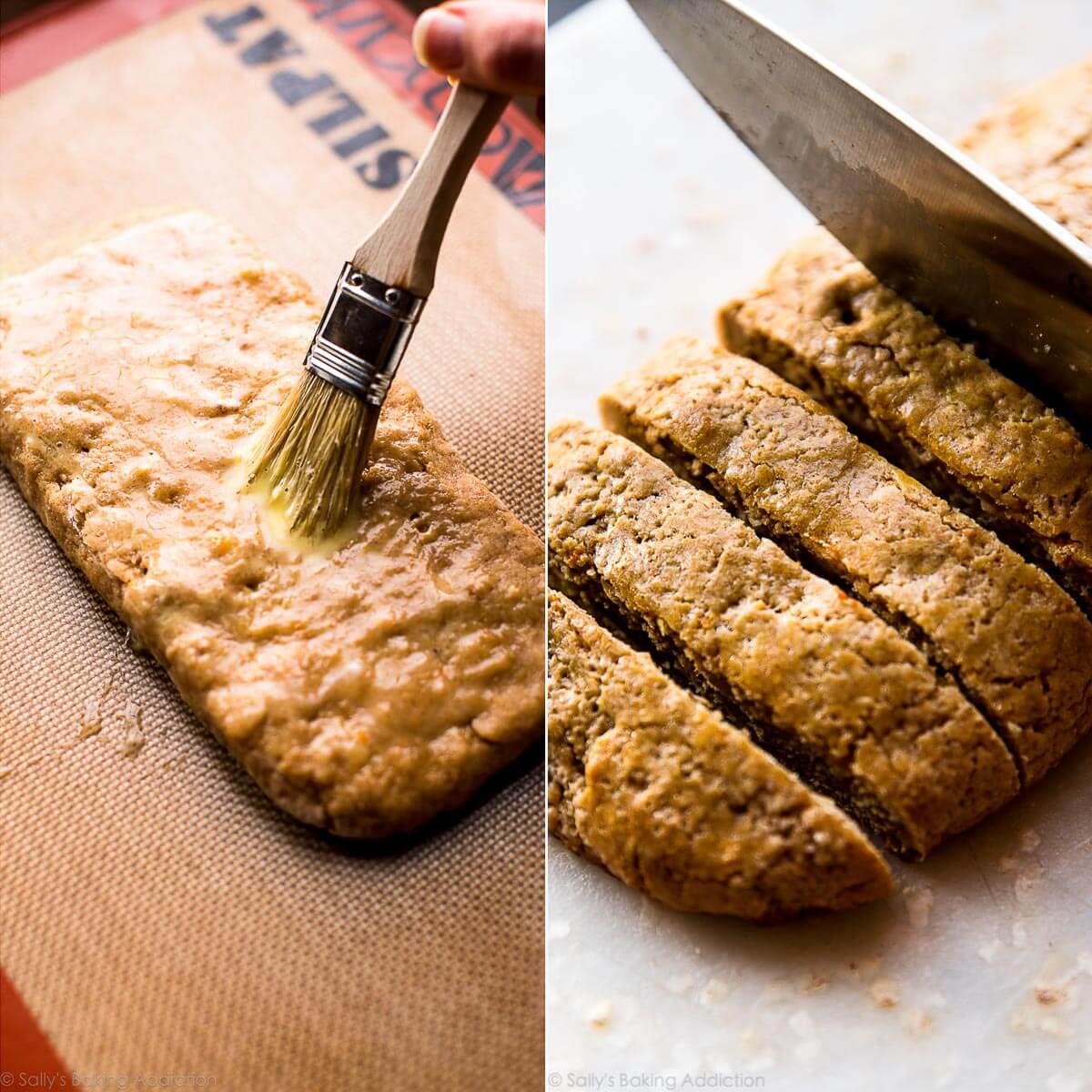 2 images of orange biscotti dough rolled into a rectangle and slicing biscotti cookies