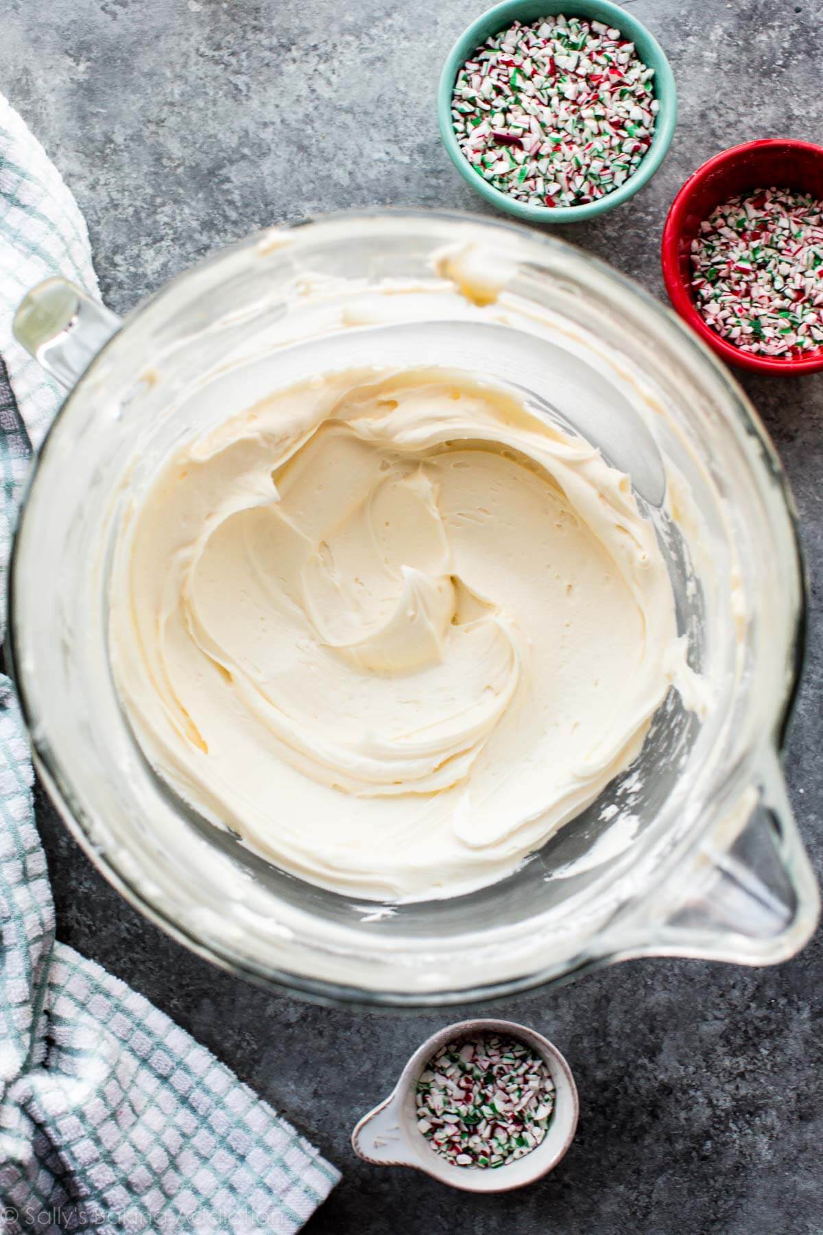 white chocolate frosting in a glass bowl