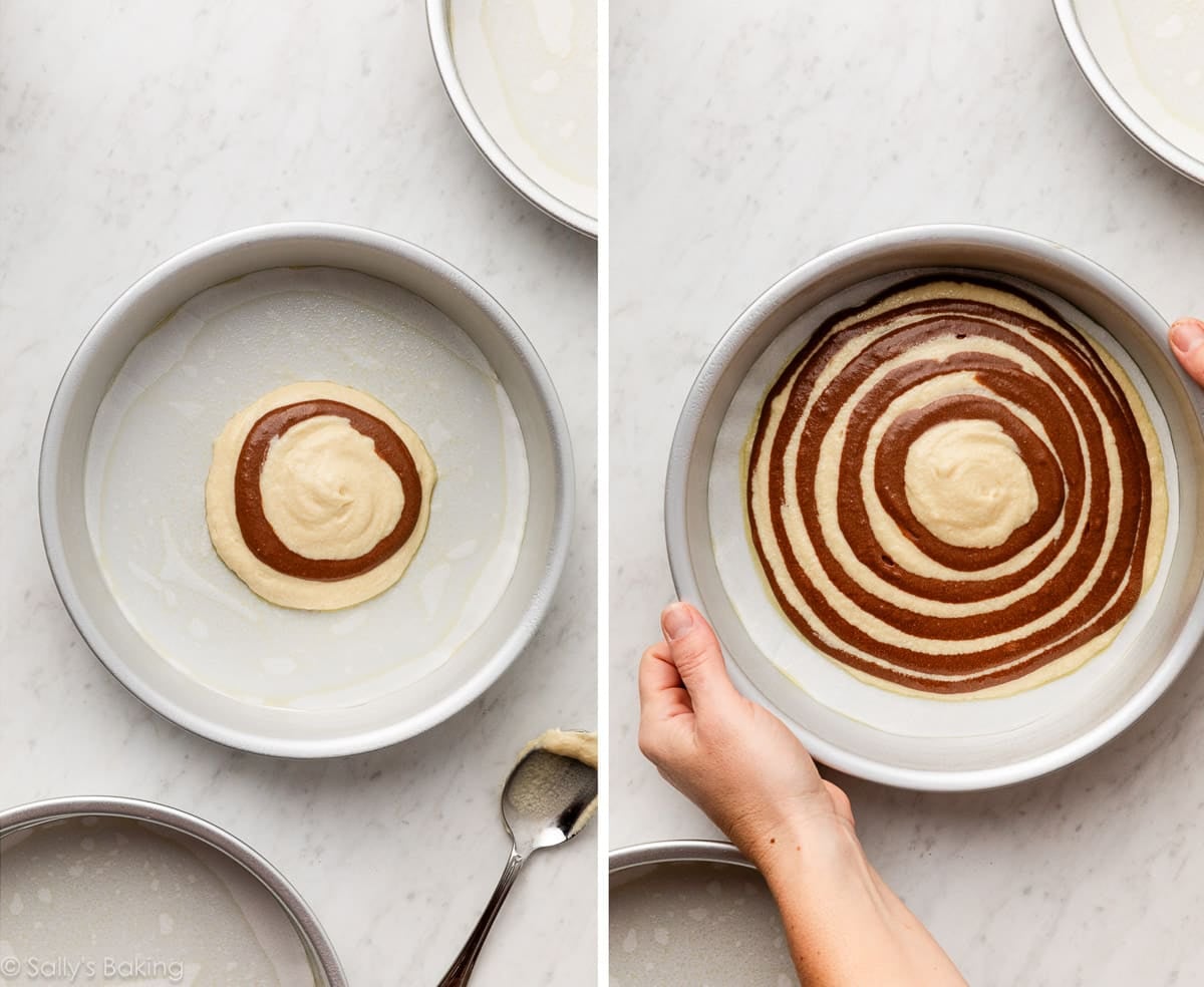chocolate and vanilla batters layered in cake pan.
