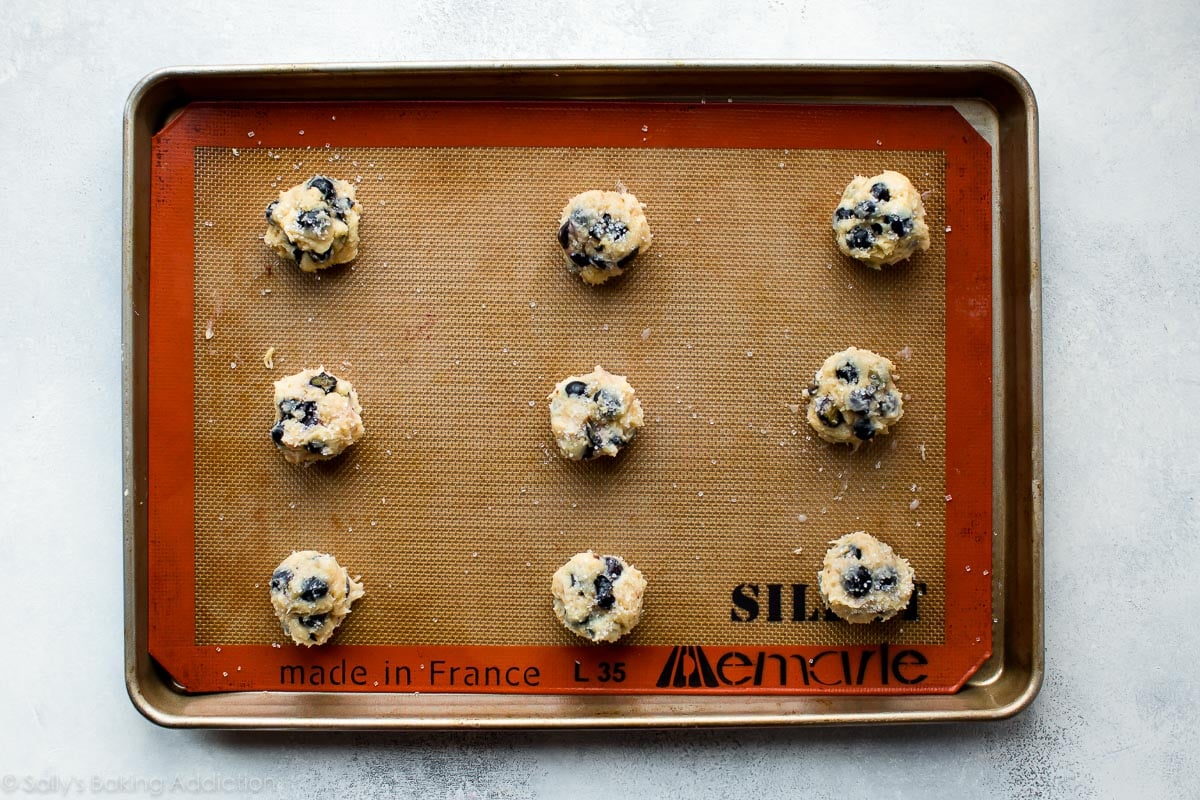 Blueberry muffin cookies on a baking sheet before baking
