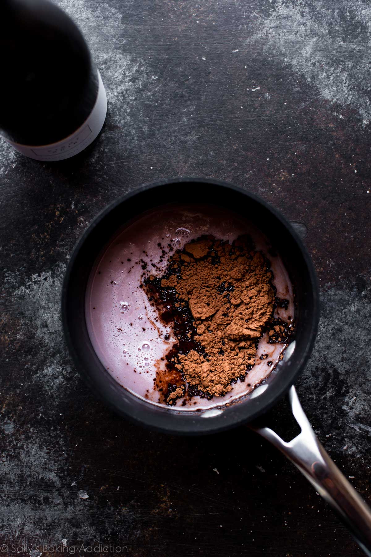 red wine chocolate ganache ingredients in a saucepan