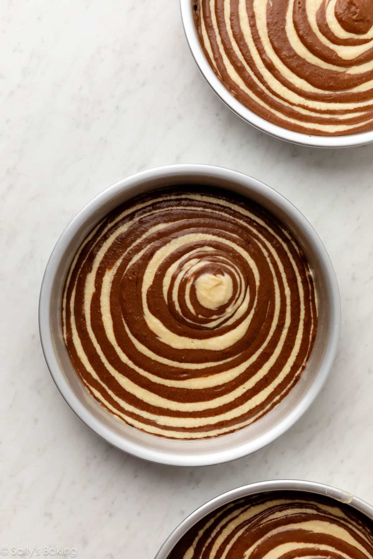 chocolate and vanilla cake batter layered in round cake pans.
