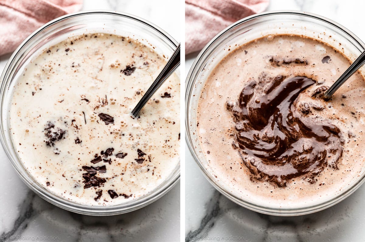cream and chopped chocolate in bowl and shown again after partially melted and combined.