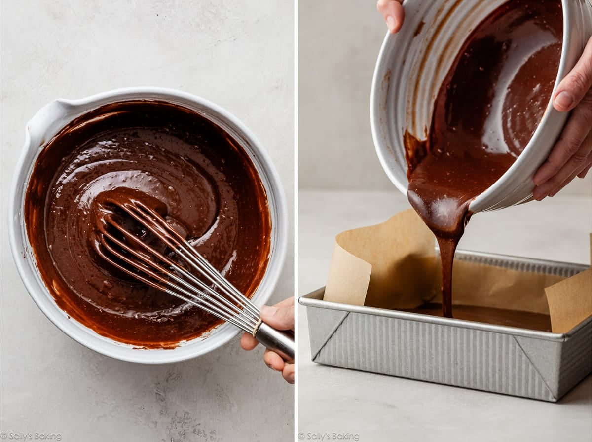 brownie batter in bowl and pouring into lined pan.